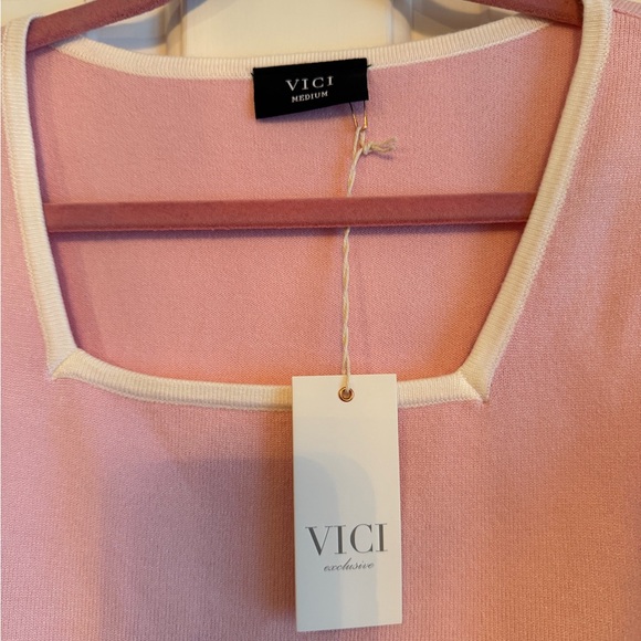 VICI Brand Cecily Pink and White Mini Dress with Matching Cardigan - Picture 4 of 7